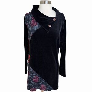 Leopards & Roses Tunic Top 1X Black Velour Floral Cowl Neck Art To Wear Velvet